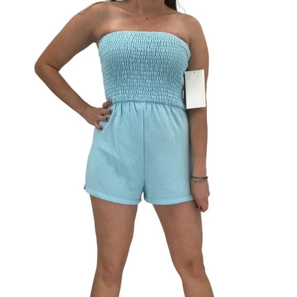 Fortune Swimwear Sophia Smocked Romper In Light Blue - Picture 3 of 5